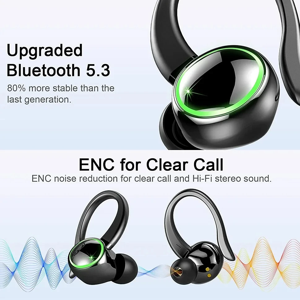 Headphones Bluetooth 5.3 Wireless Bass Stereo Over Ear Earbuds ENC Noise Cancelling Mic with Earhooks 48H Playback LED Display