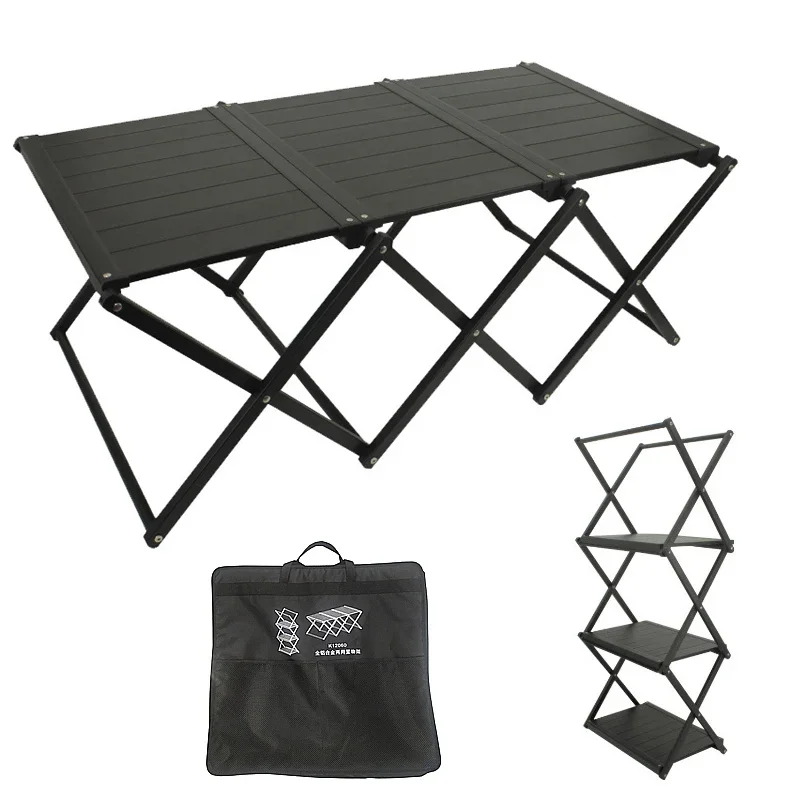 Two Three-tier Rack Outdoor Storage Shelf Folding Shelf Portable Camping Picnic BBQ Storage Rack Garden Foldable Table