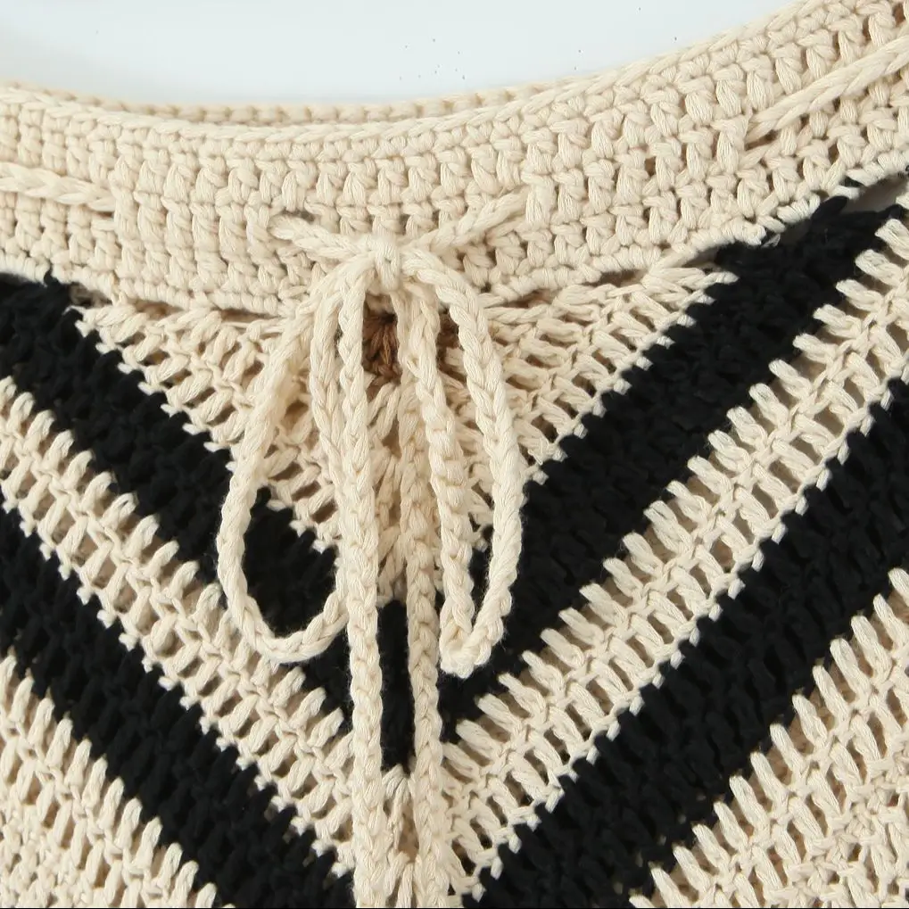 2025 Beige met zwarte geruite handgemaakte gehaakte lange rok strik vetersluiting bandage taille swing onregelmatige skater