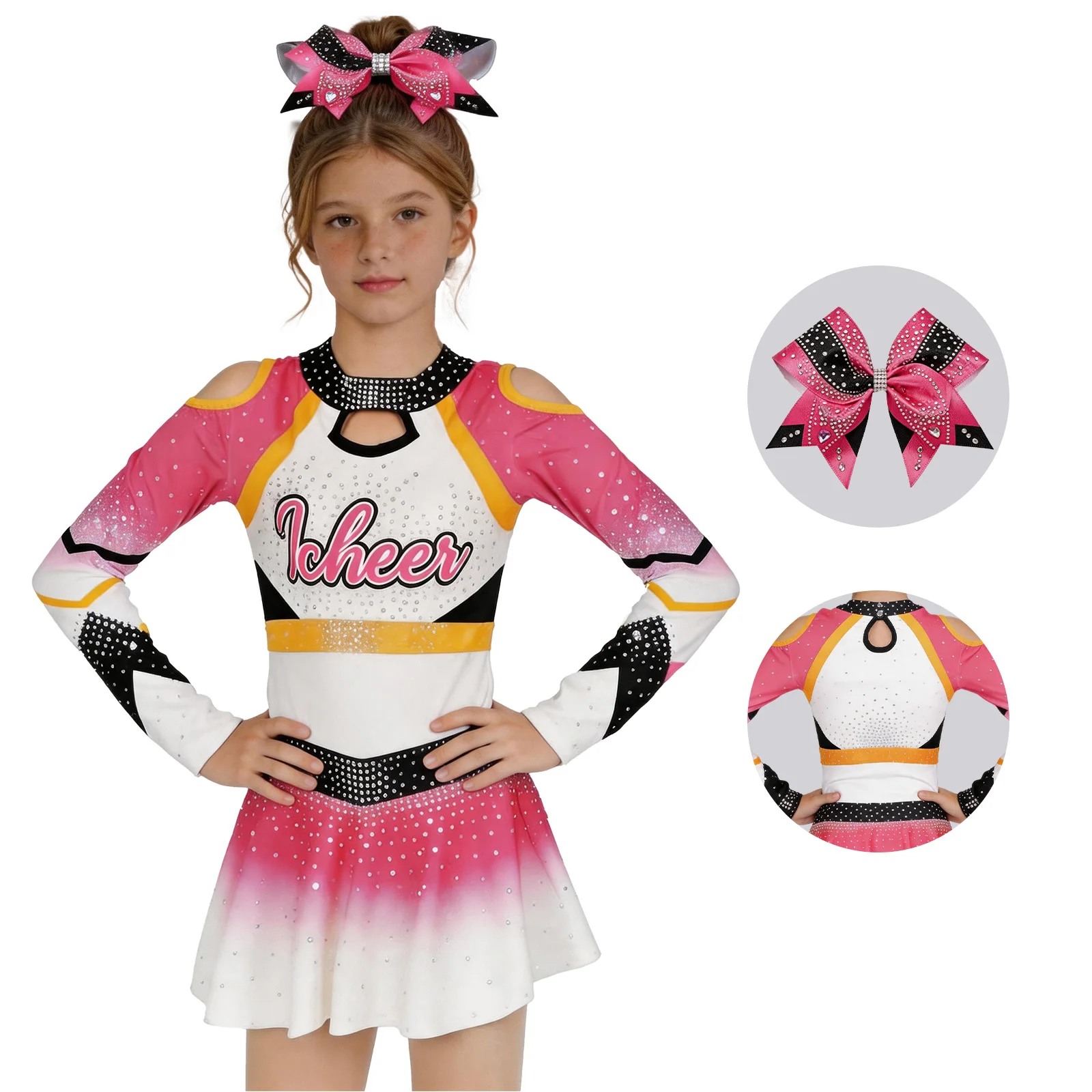 

Pink White Gradient Sparkle Girls Cheerleader Outfit Long Sleeve Cut Out Shoulder Rhinestone Cheer Dress Bow Cheer Competition