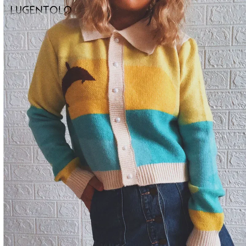 

Women Elegant Lapel Sweaters Knitted Single-breasted Dolphin Patchwork Lady Casual New Autumn Winter Short Clothing Lugentolo