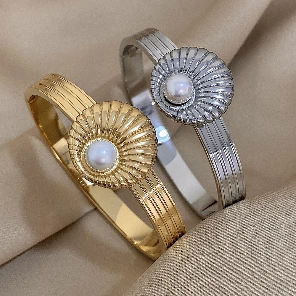 

Fashion Shell Pearl Cuff Bangle Bracelet for Women Chunky Beach Stainless Steel Gold Silver Color Waterproof Jewelry