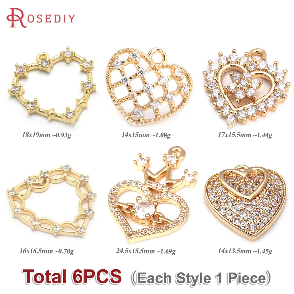 Total 6PCS (Each Style 1 Piece) Brass Zircon Mixed Heart Charms Pendants Necklace Earrings Diy Jewelry Rosediy official-website