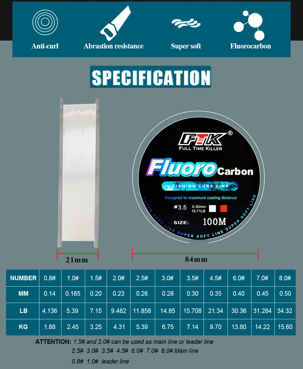 Fluorcarbon-beschichtete Angelschnur 100-500M, Monofilament-Nylonschnur 0,8-8,0 # Superstark für Karpfen und Barsch – Detail 2