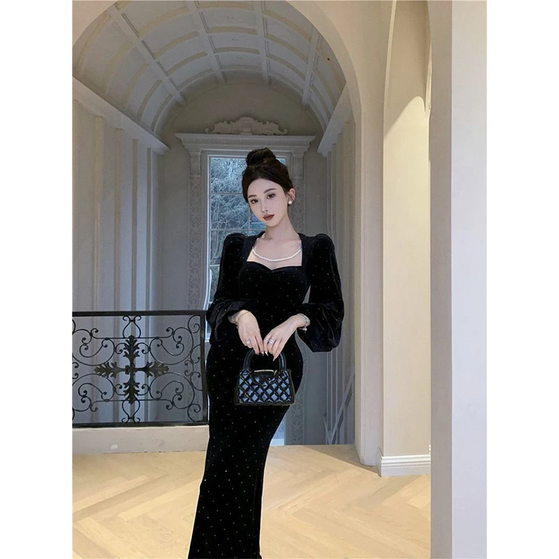 فستان ميدي أسود مخملي عتيق للنساء أنيق للحفلات واللؤلؤ الماسي فساتين حورية البحر شتوية كورية بأكمام طويلة فساتين ضيقة جديدة #5