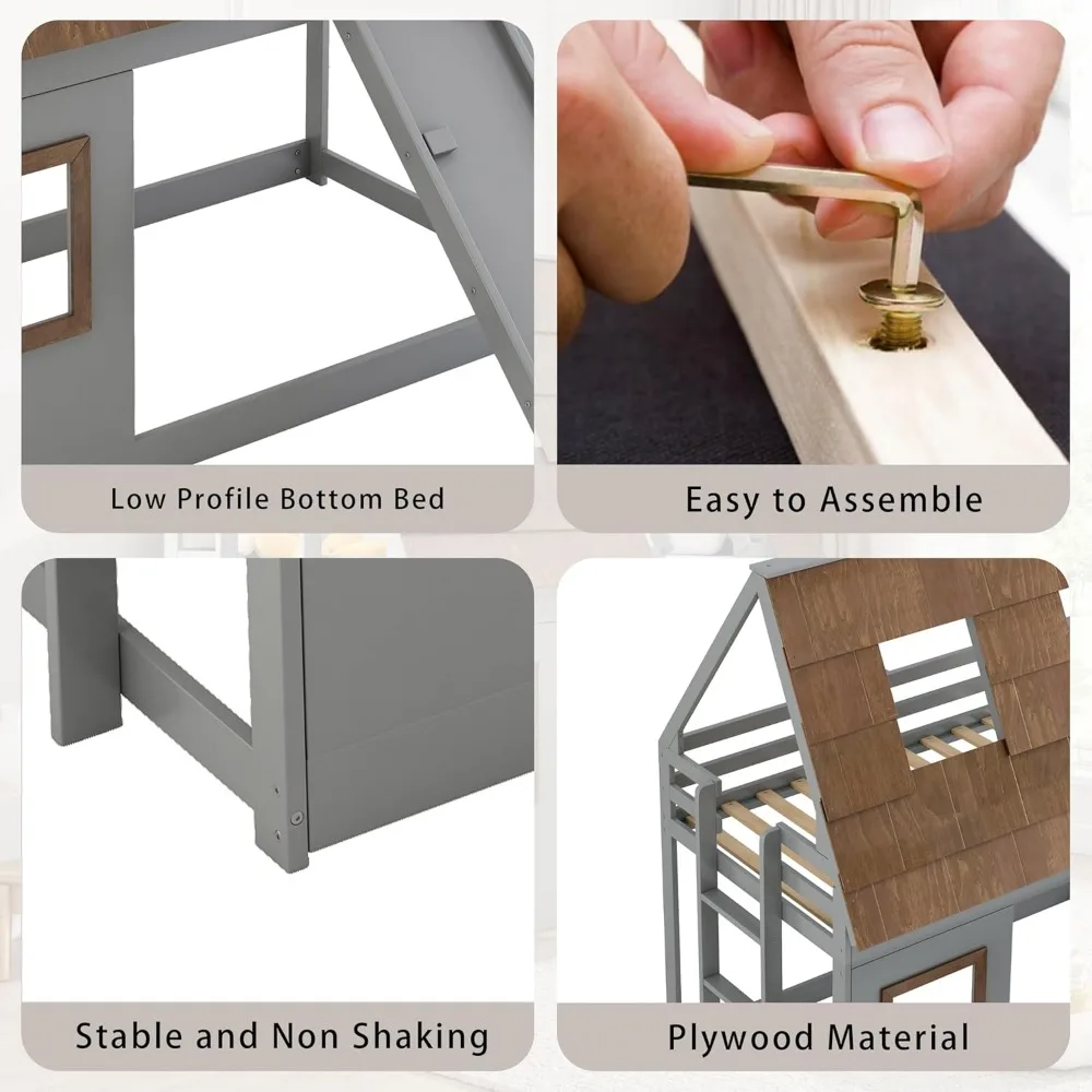 Beliche duplo sobre casa dupla para crianças, estrutura de beliche de madeira com design de telhado de janela e guarda-corpo, beliche de chão montessori fra