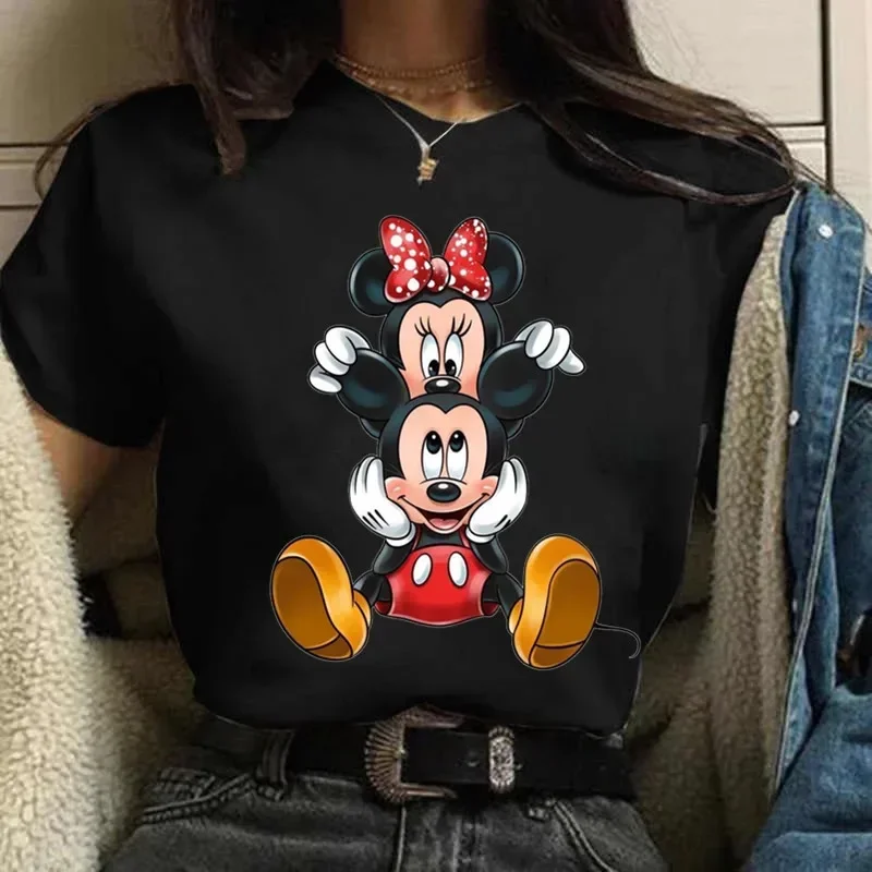 Kawaii Fashion Mickey Minnie Mouse T-shirt Odzież damska 2024 Letnia koszulka z krótkim rękawem Harajuku Casual Y2k Odzież Tops