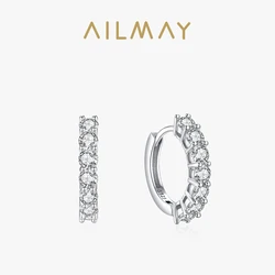 Ailmay 925 Sterling Silver Elegant Round Sparkling CZ Ear Buckles For Women Charm Hoop Earrings Luxury Wedding Fine Jewelry Gift