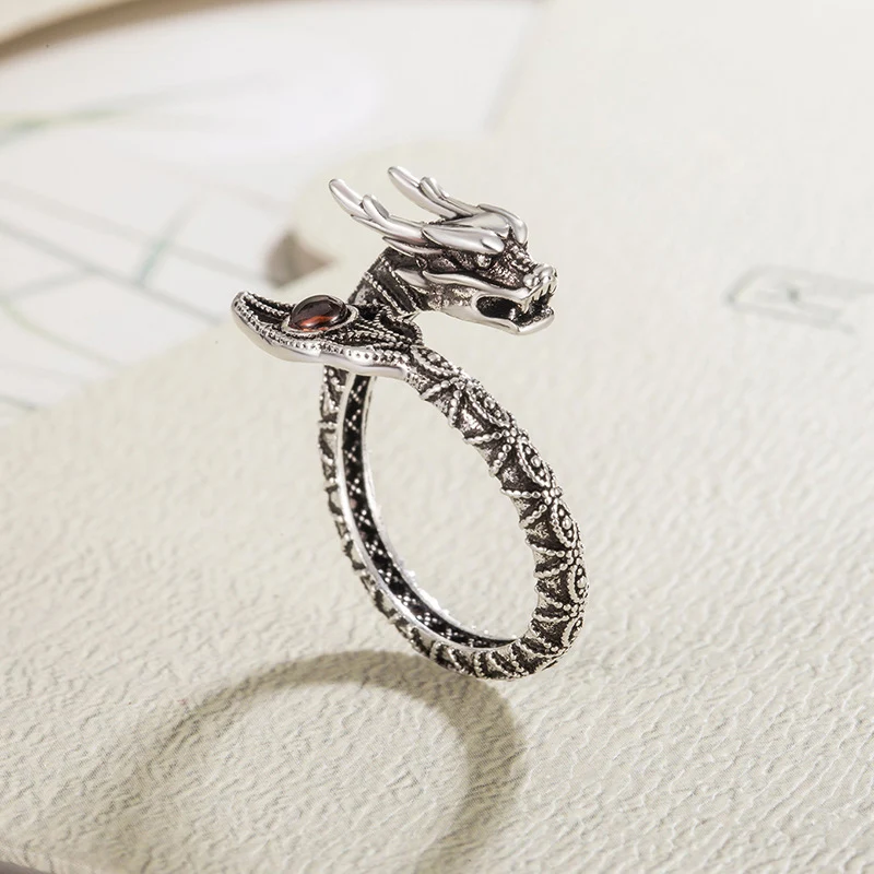 Retro Ethnic Style Dragon Ring For Men and Women Cool Personalized Zodiac Ring Fashion Thai Silver Finger Jewelry KOFSAC