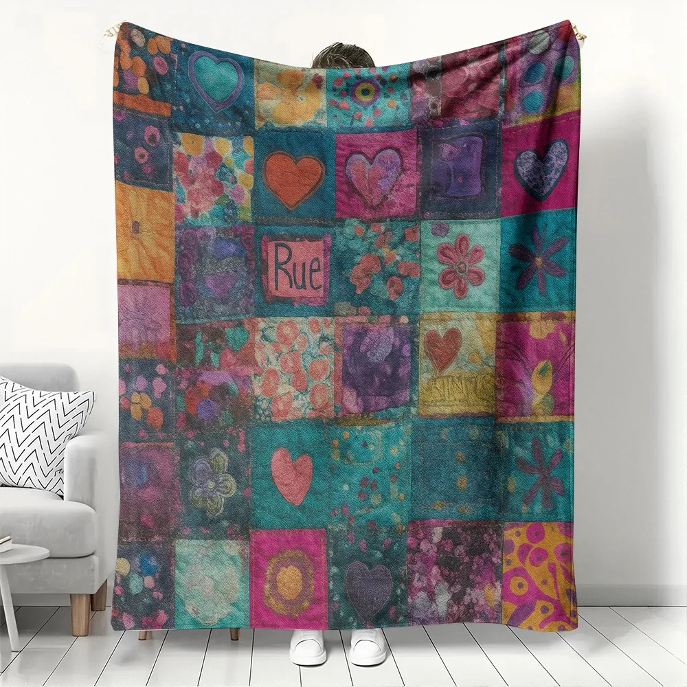 

Плед из фланели в стиле бохо с пэчворком, красочный, с сердечками и цветочными узорами, мягкий и уютный, для богемного домашнего декора, теплый, для дивана, подарок