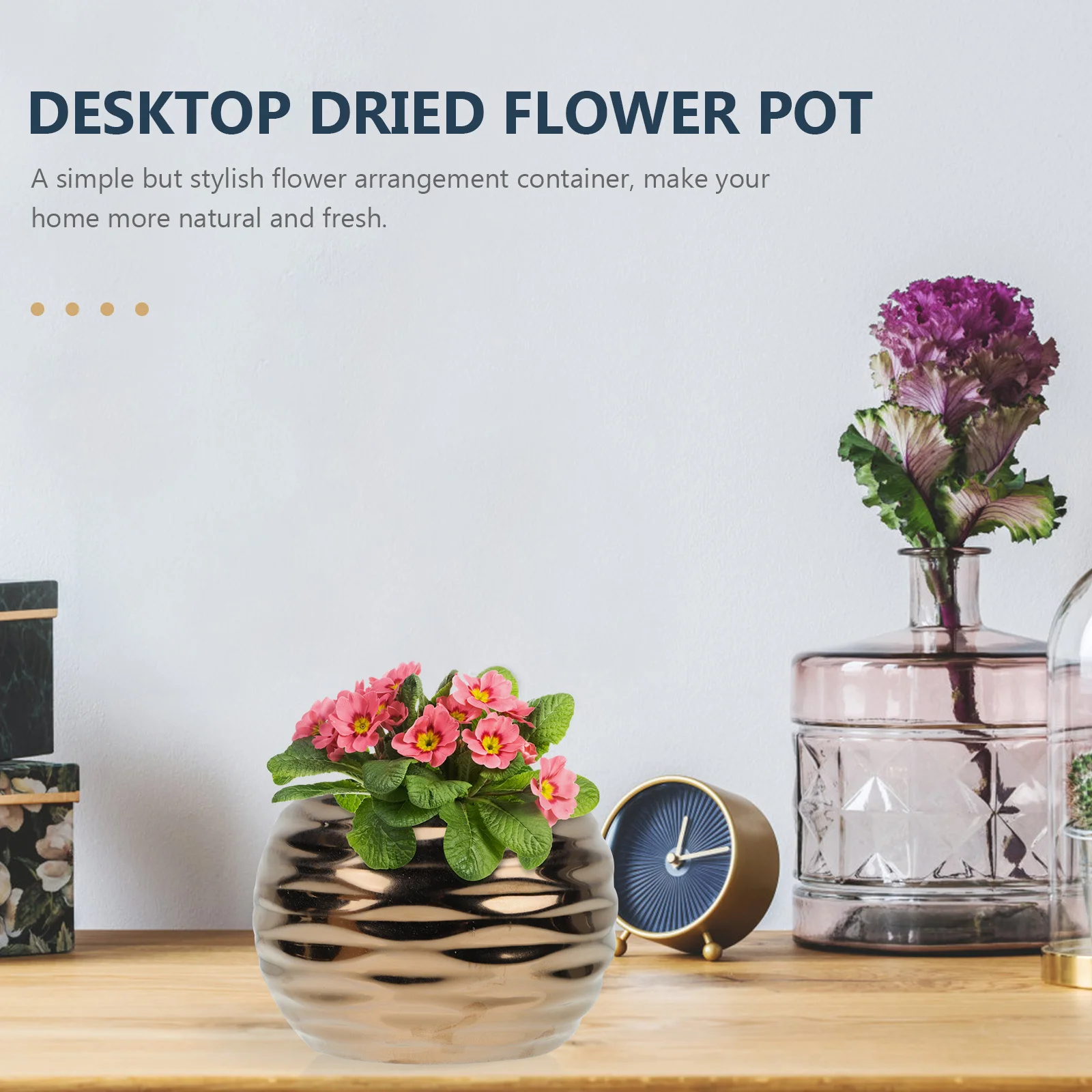 

Golden Plated Ceramic Flower Vase Stylish Round Hydroponics Vase Desktop Flower Display Pot Home Office Decor Ornament