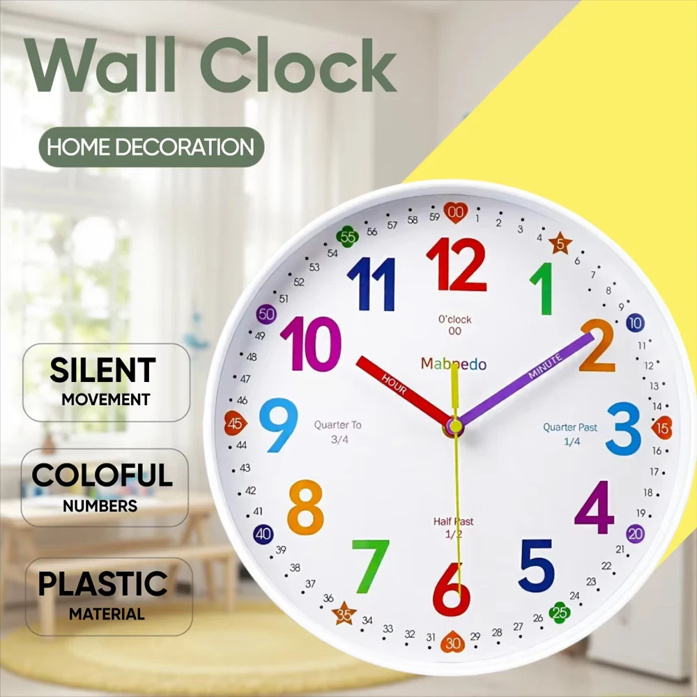 

Early Education Wall Clock Colorful Number Kids Learning Time for School Classroom Bedrooms Silent Analog Clock 8/10/12 Inch