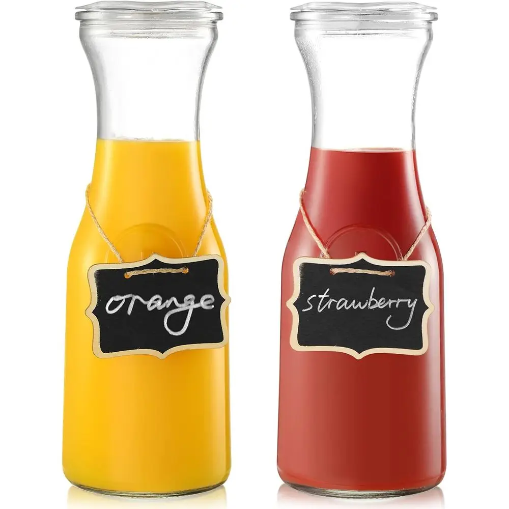 Set of 2 Glass Carafe with Lids, 1L Water Pitcher or Mimosa Bar, Ideal for Brunch, Beverages, Wine, Iced Tea, Lemonade - 2 Woode