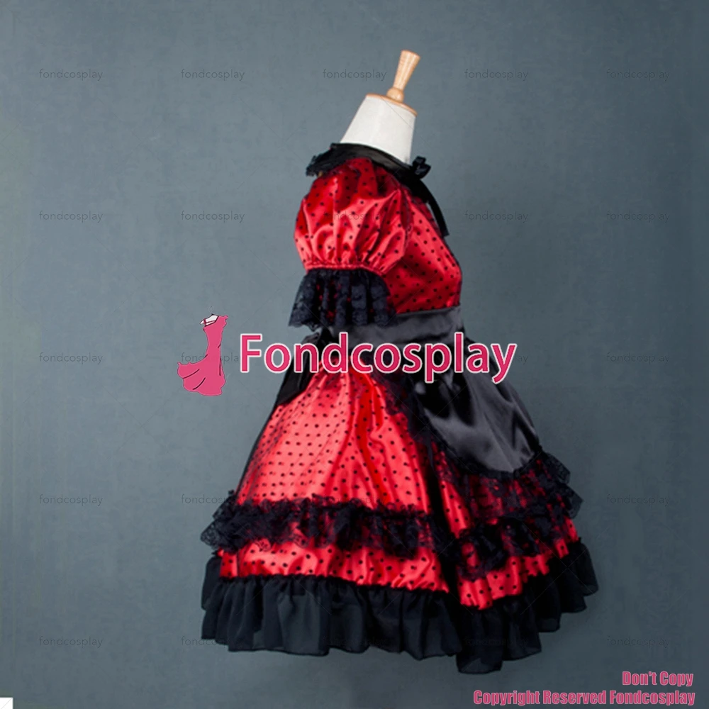 fondcosplay adult sexy cross dressing sissy maid short Lovely lockable Uniform red Satin dress black apron CD/TV[G779]