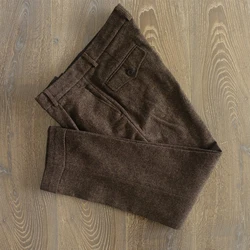 Brown Gray Men's Pants Herringbone Slim Fit Solid Hemmed Pant Woolen Trousers For Men Party Wedding Dress Groomsmen Suit Pants