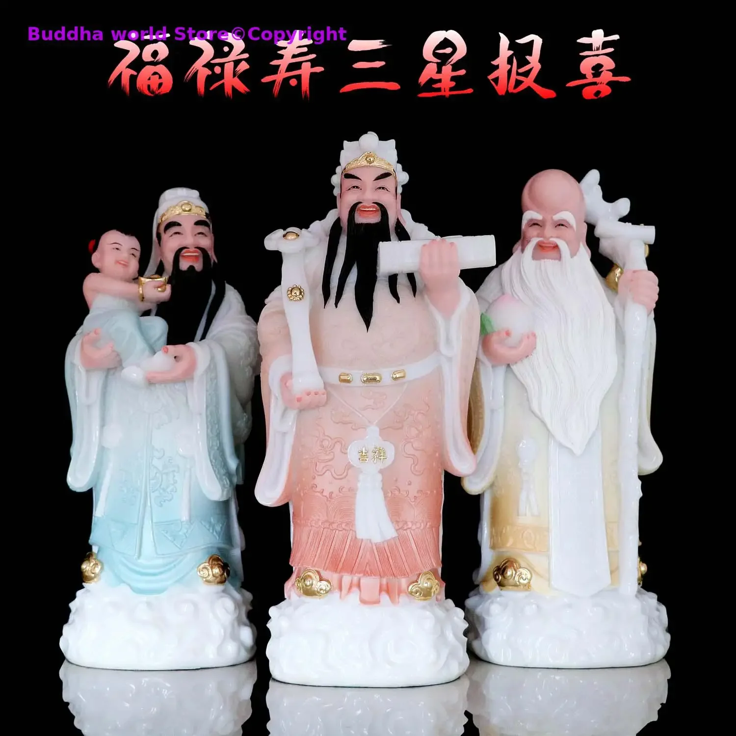 3PCS high grade HOME SHOP efficacious bless Fu Lu Shou God Good luck safe health patron saint God jade buddha statue 38cm large