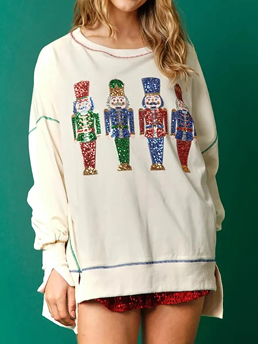 Women Y2k Nutcracker Graphic Sweatshirt Sequin Christmas Sweater Nutcracker Shirt Crewneck Long Sleeve Pullover Jumper Tops