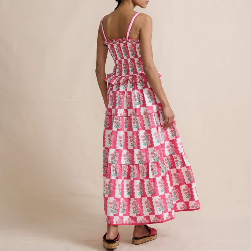 Femmes été robe Maxi florale décontracté Spaghetti sangle sans manches à volants à plusieurs niveaux invité de mariage fluide Boho plage robe de vacances