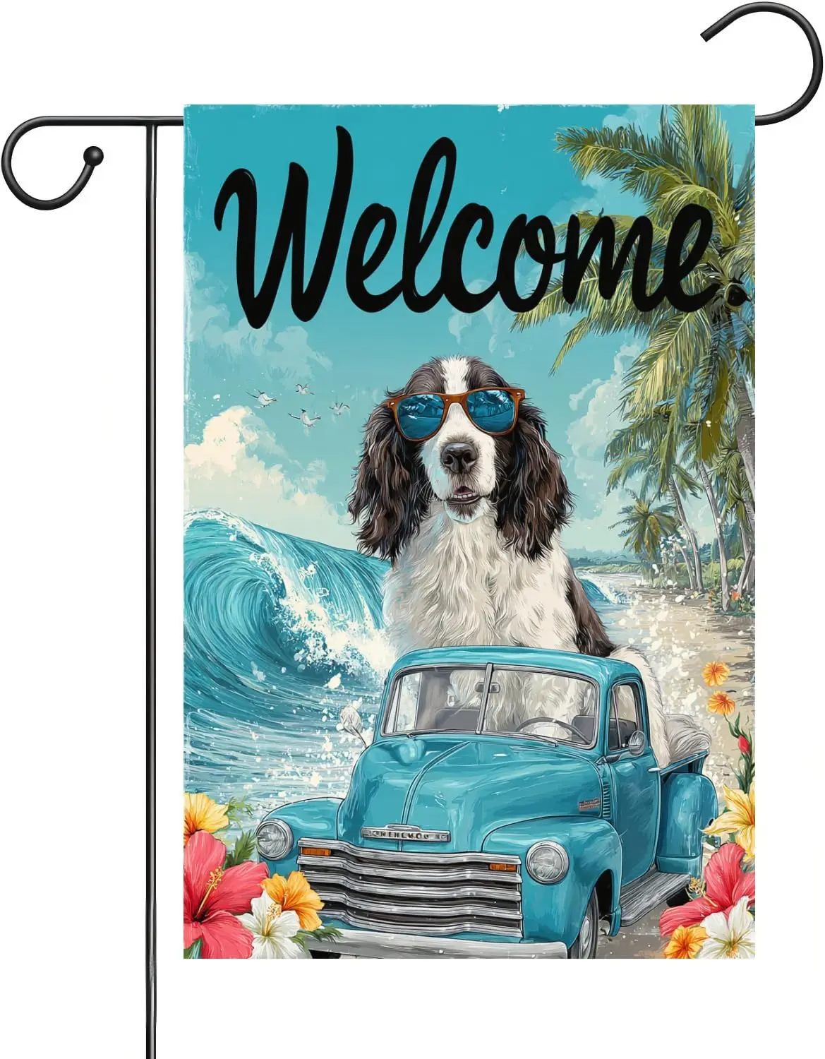 Happy Summer English Springer Spaniel Garden Flag Blue Truck Beach Double-Sided 12x18 Beach Yard Sailing Ocean Outdoor Small ZZM