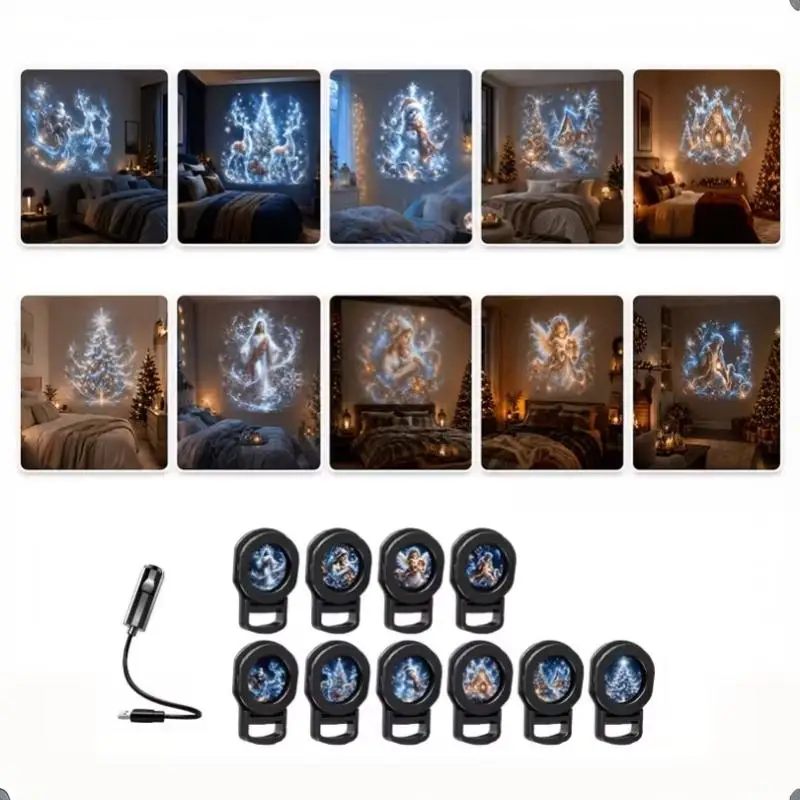 【Creative Christmas Pattern Theme USB Projection Light 360° Rotating HD Projection Lamp For Bedroom Home Background Decor】