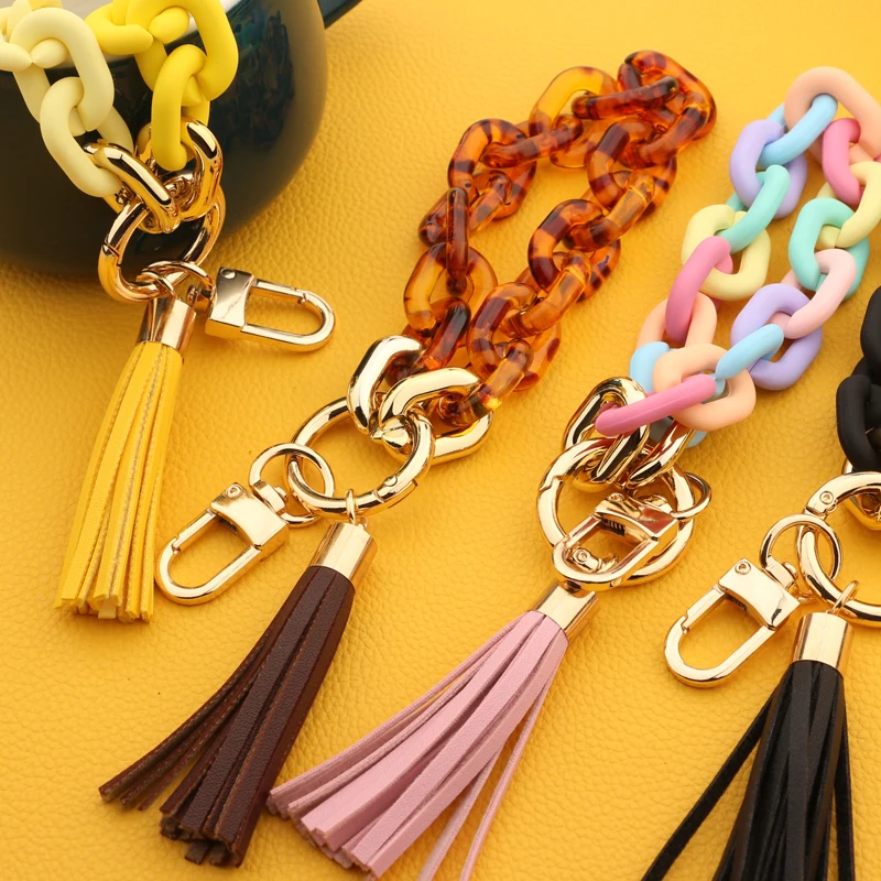 

2023 Fashion Jewelry NewAcrylic Chain Keychain For Keys Colorful Tassel Keyring For Women Men Wristlet Bracelet Keychain Charms