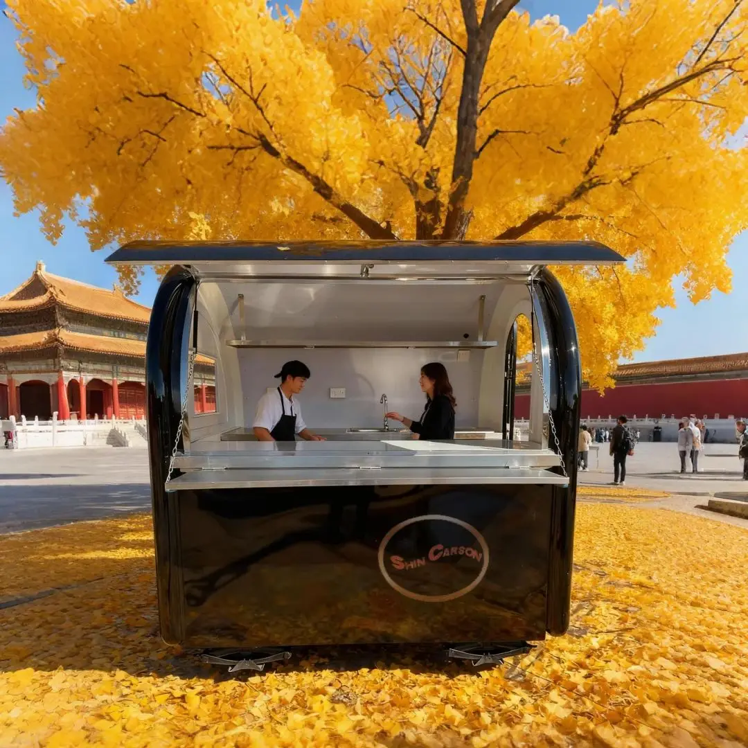 

Outdoor Food Trailer Black Mainly with Fixable Feet for Stability Bottom Portable Kitchen Stand for Street Food Catering