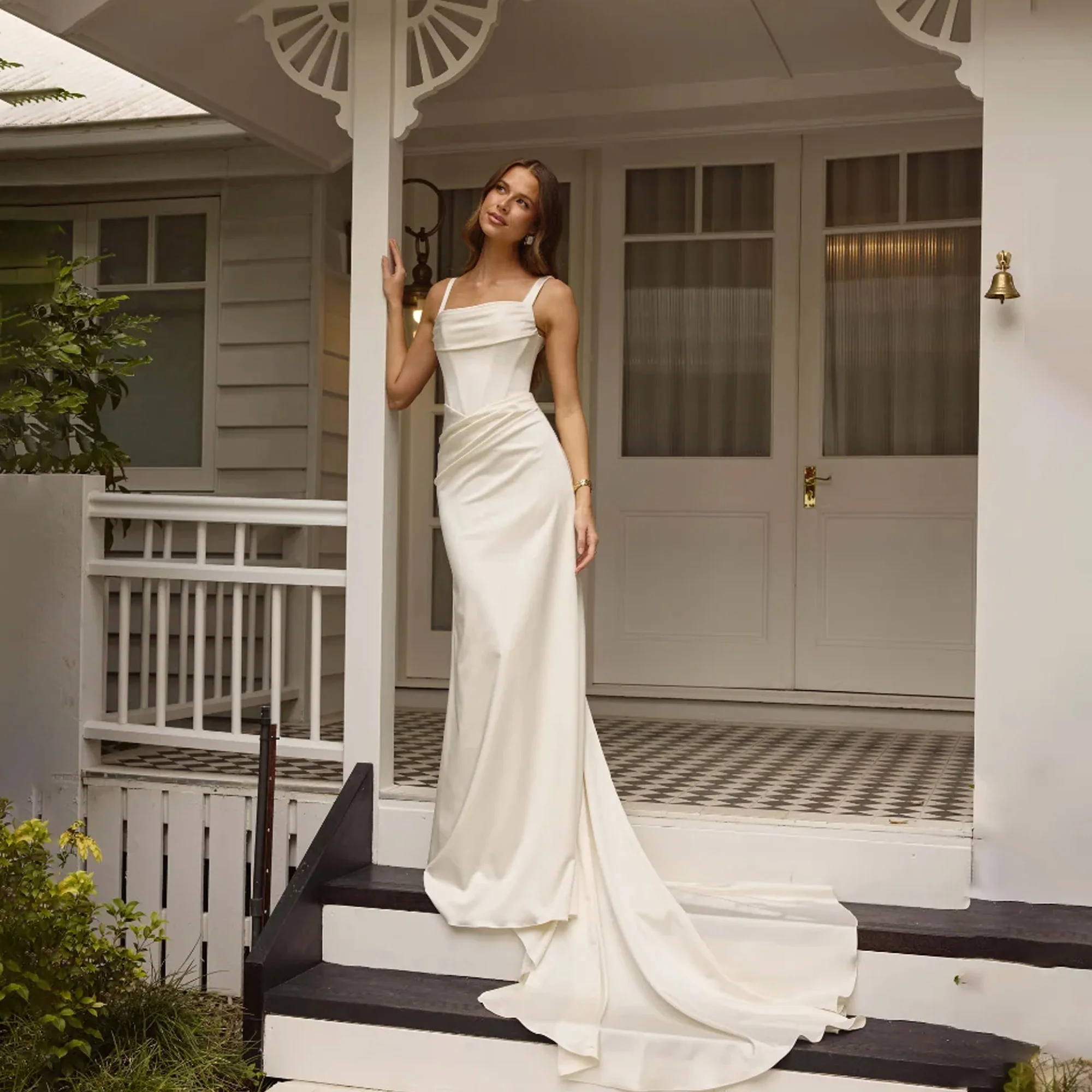 MCDV Square Neck Wedding Dress Corset Ruched Bride Gowns Spaghetti Strap Satin Mermaid Backless Vestido De Novia Customized