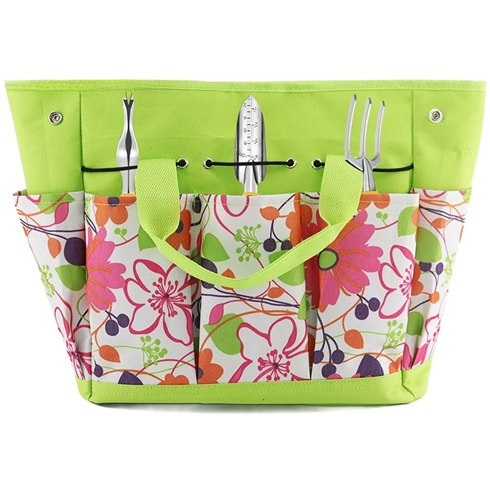Flower Print Garden Tool Organizer Bag 600D Oxford Cloth with Multiple Pockets 34 x 17 x 30 cm Compact and Functional