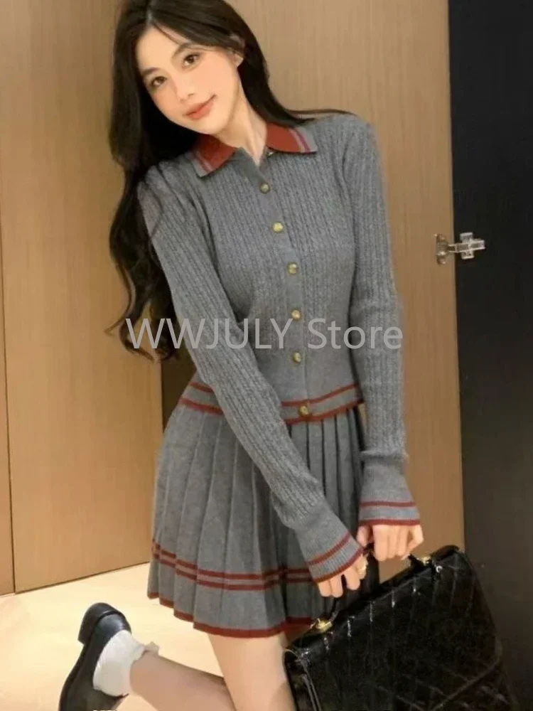 Preppy Style New Patchwork Long Sleeved Cardigan Sweater Women + Pleated Knitted A-line Mini Skirt Korean Fashion Two Piece Set