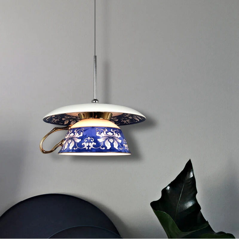 Retro Blue and White Porcelain LED Pendant Lights Teacup Hanging Lamp Creative Kitchen Living Room Restaurant Bedroom Chandelier