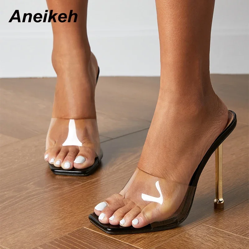 Aneikeh Summer Women Shoes Sandals Slides PVC Shallow Fashion Concise High Heels Outside Square Toe Zapatos De Mujer Solid 2024