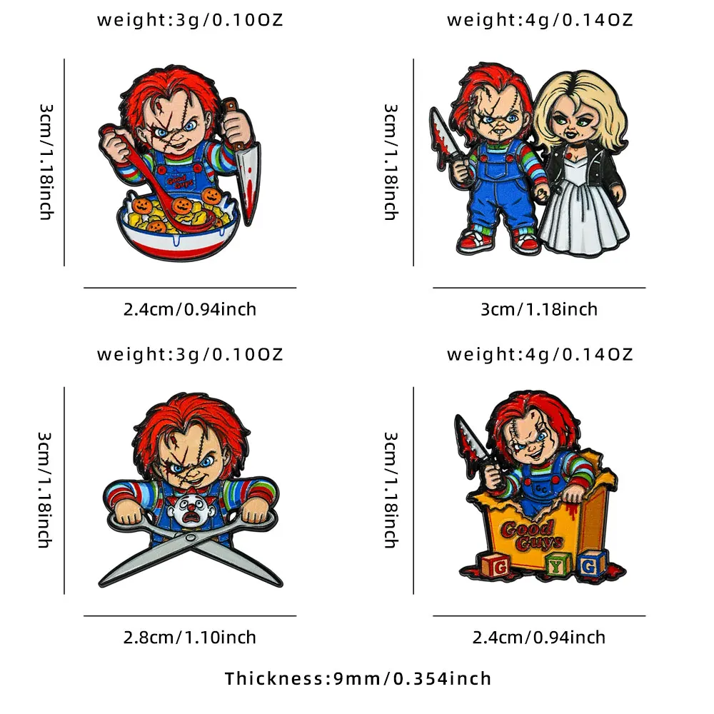 Set mit 4 Emaille-Ansteckern mit Horror-Charakteren, gruselige Cartoon-Charakter-Broschen, Halloween-Anstecker, Punk-Rucksack-Schmuck, Geschenke – Detail 1