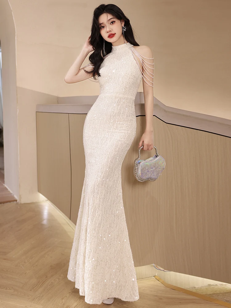 

Ele White Evening Gown Women's High-End Tassel Fi Tail Skirt Luxury mat Annual Conference Host Sexy Zipper Sle