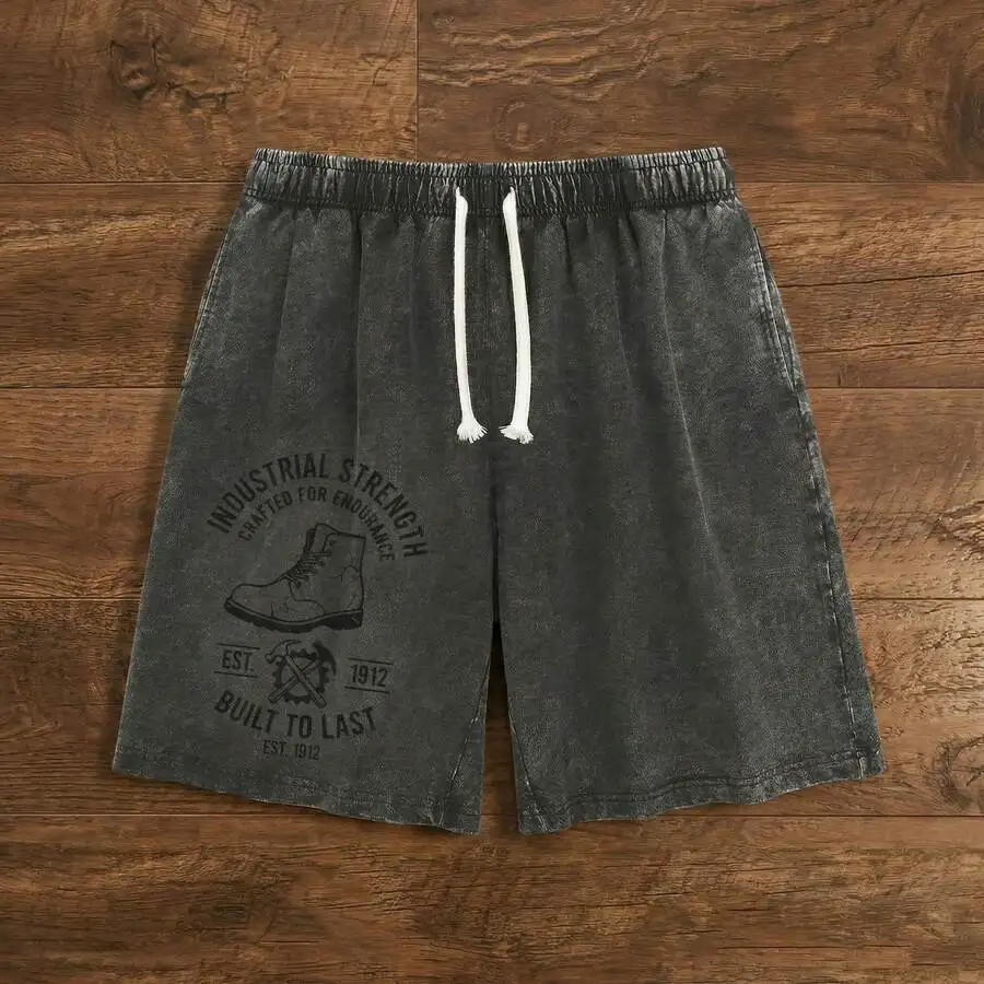 

Mens Vintage Washed Cotton Drawstring Shorts Casual Relaxed Fit Industrial Print Summer Beach Shorts
