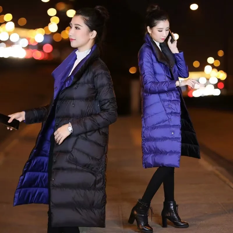 2023 New Women Double Sided Down Long Jacket Winter Turtleneck White Duck Down Coat Double Breasted Warm Parkas Snow Outwear