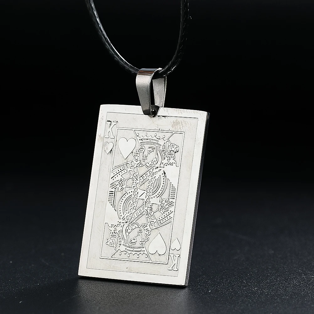Rectangle Silver Color K of Heart Playing Card Pendant Necklace Charles The Great Pattern Punk Style Jewelry for Daily Trimming