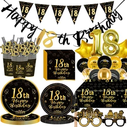 Black Gold Disposable Tableware For 18th Birthday Party Decor Supplies Plates Tablecloth Birthday Banner 40inch Number Balloon