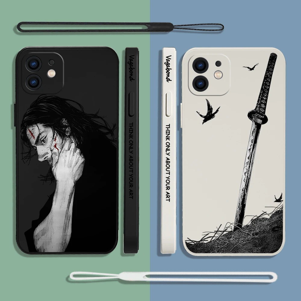 Vagabond Manga Phone Case For iPhone 15 14 13 12 11 Pro Max Mini X XR XS MAX SE20 8 7 6 6S Plus Silicone Cases with Hand Strap