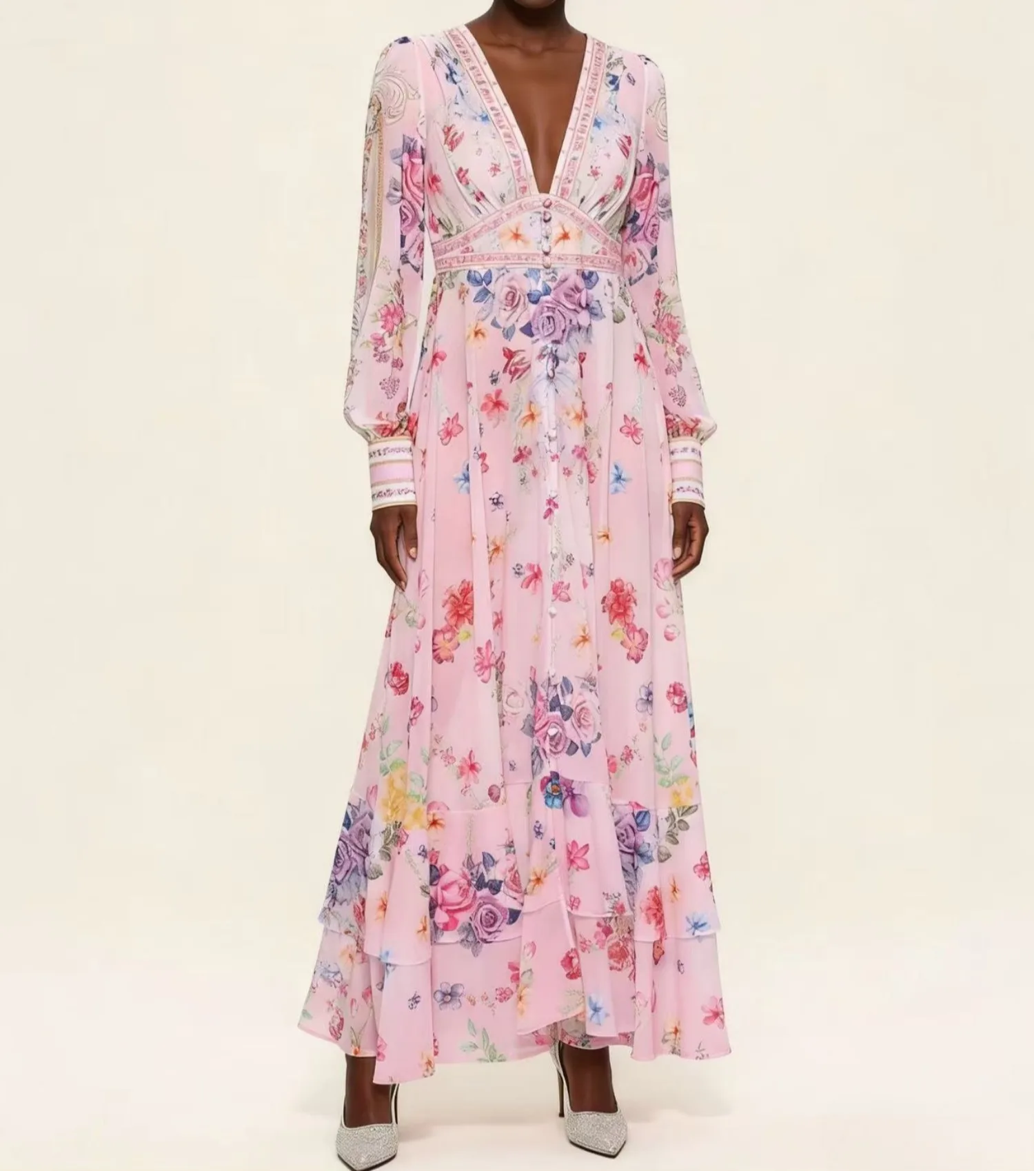 Women Casual Print Dress Sexy V-Neck Long Sleeve Gorgeous Flower Bohemian Beach Sundress Ladies Summer Vacation Maxi Vestidos