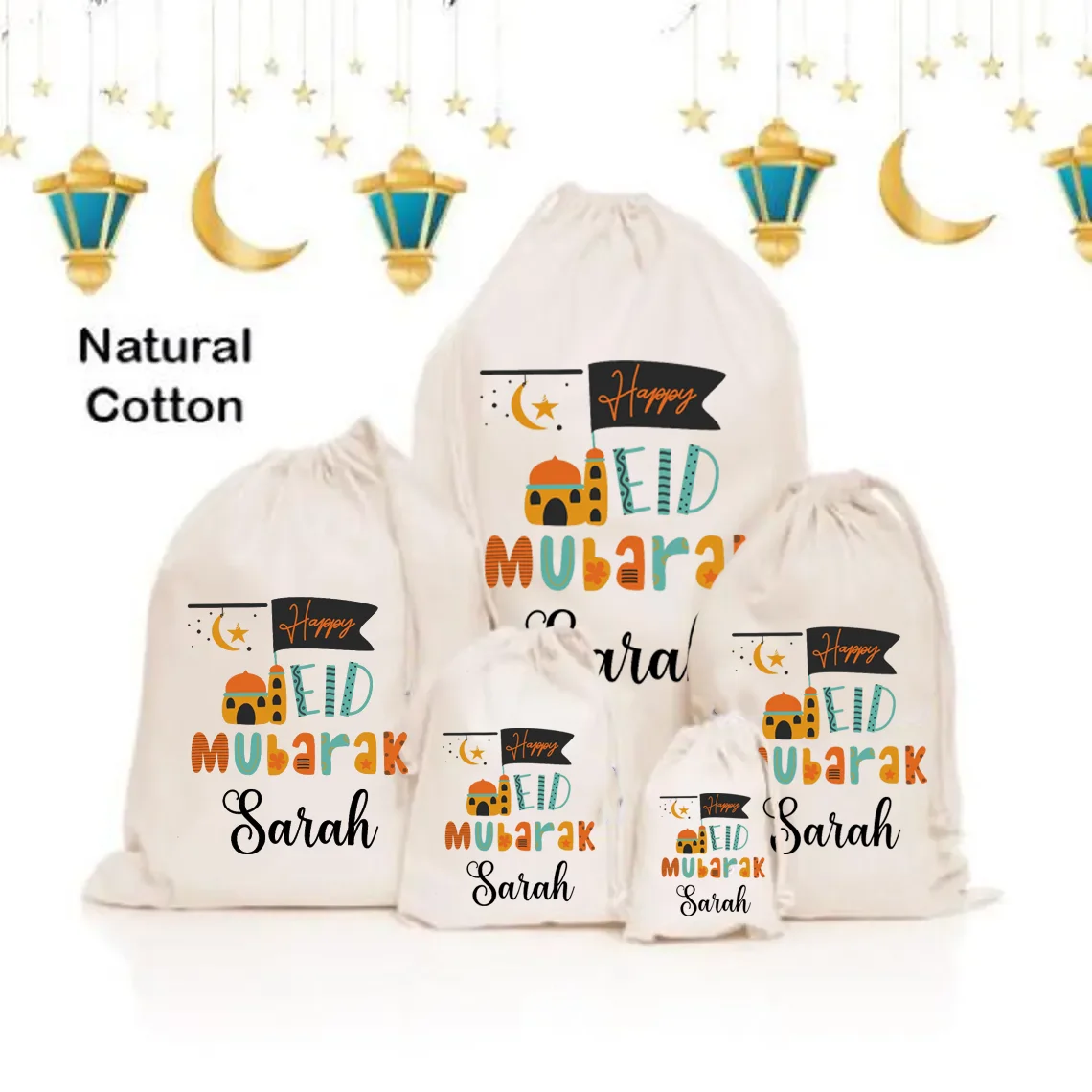 2025 Personalized Cotton Eid Gift Bags Ramadan Drawstring Gift Bag for Kids Girls Boys Baby Islamic Ramadan Decor Al-Adha Favors