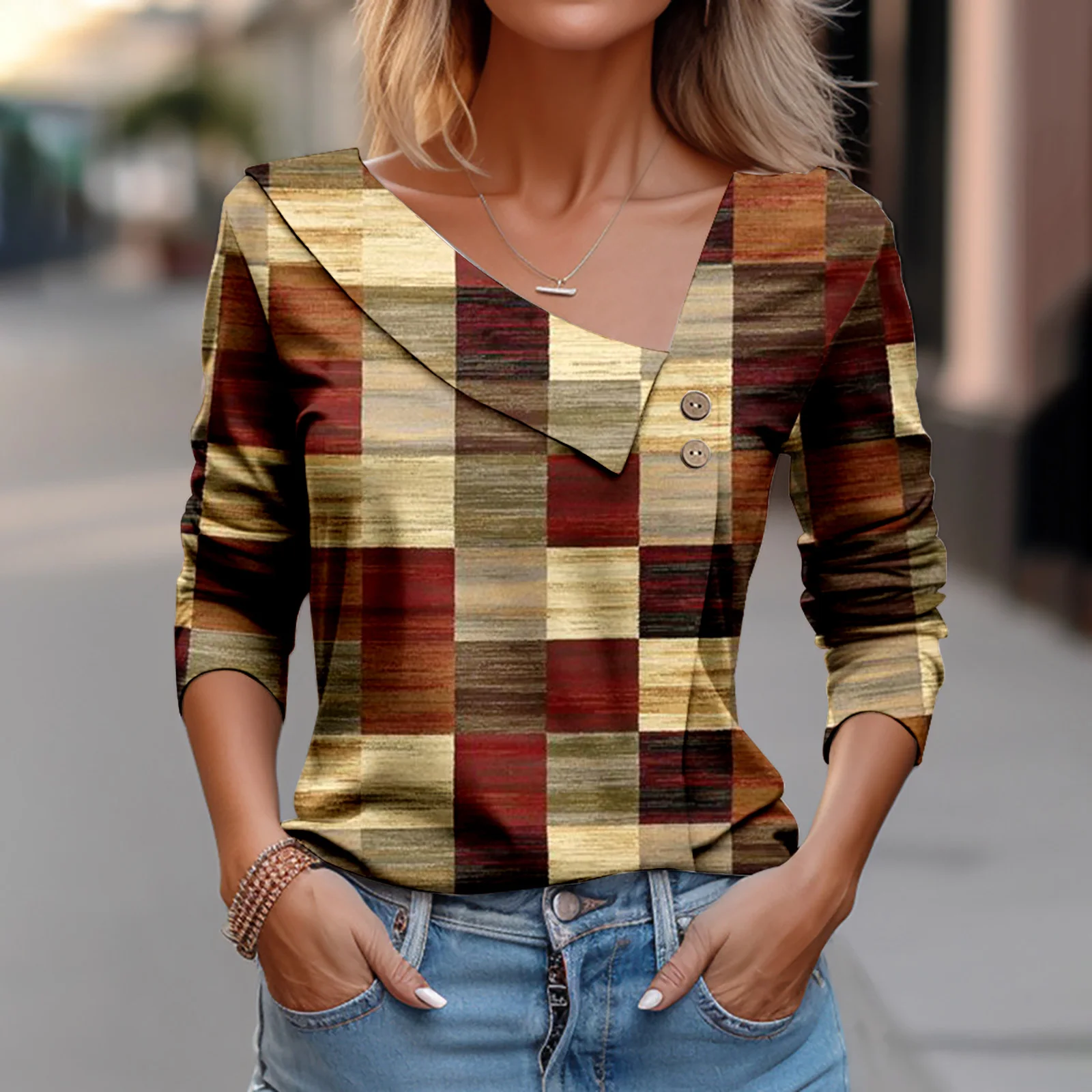 Fashion Gradient Plaid 2024 Autumn V-neck Shirt With Buttons Lady Everything Casual Harajuku Design Sense Pullover Spring Blouse