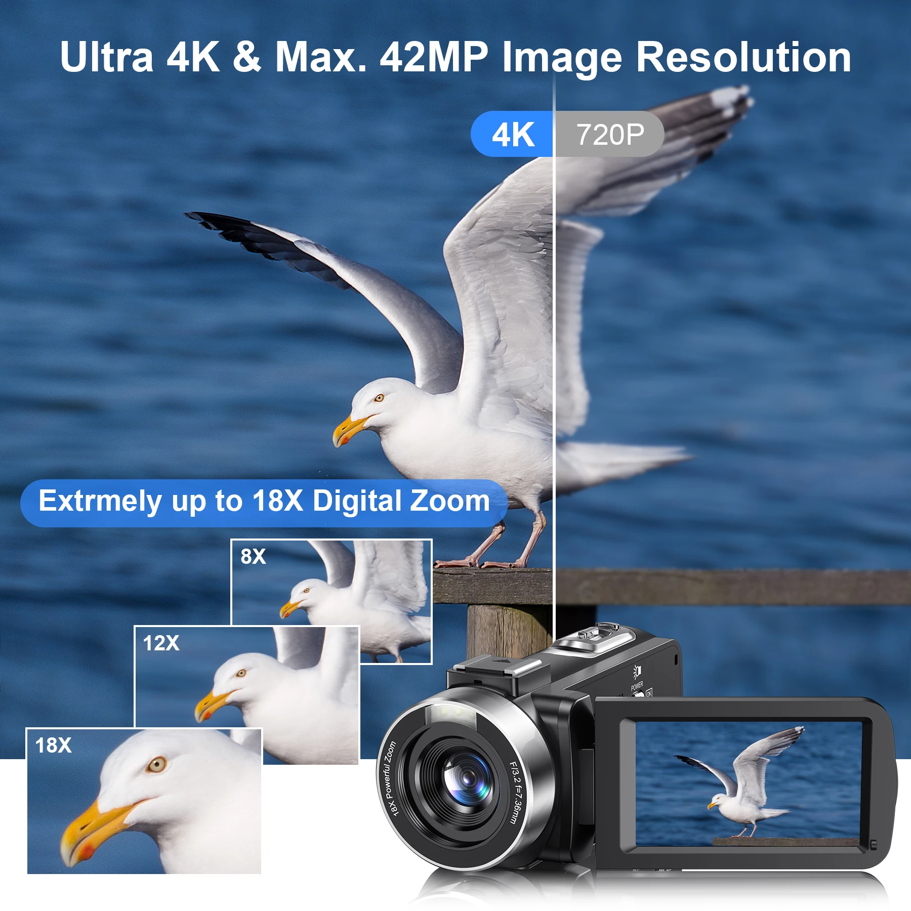 4K Full HD Video Camera 42MP WiFi Livestream Webcam Camcorder 18X Digital Zoom 270° Rotation DV Recorder Vlog Camera for YouTube