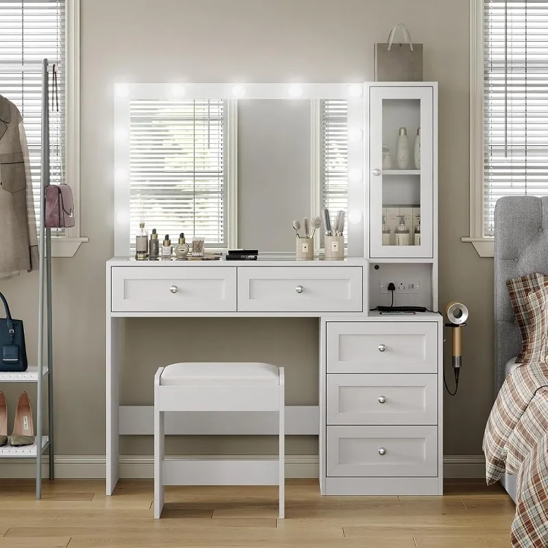 43" W Vanity Desk with Mirror & 11 Lights, 5 Drawer Modern Makeup Desk with Glass top & Cushioned Stool, 3 Lighting Modes Bright