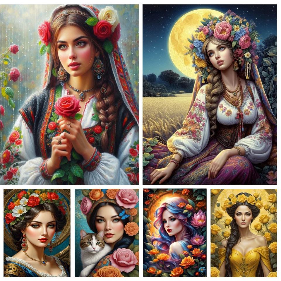 

5d Diamond Painting Woman Wearing Flowers Full Round Square Diamond Mosaic New Collection Handmade Gift Home Decor Craft Kit