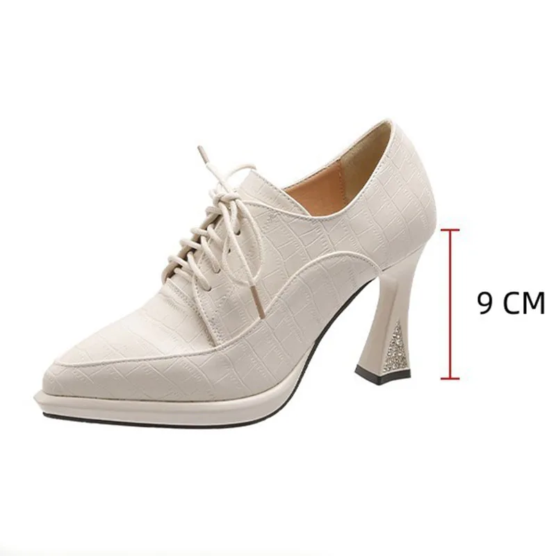 High Heels Hoof Pumps Women Lace Up Pumps PU Leather Shoes Female Fashion Pointed Toe OL Shoes Women Autumn Black Talon Femme