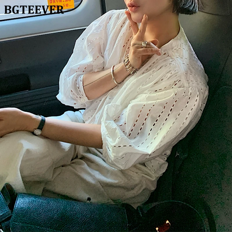 Bgteever elegante solto único breasted feminino oco para fora camisas brancas verão casual o-pescoço meia manga senhoras blusas topos