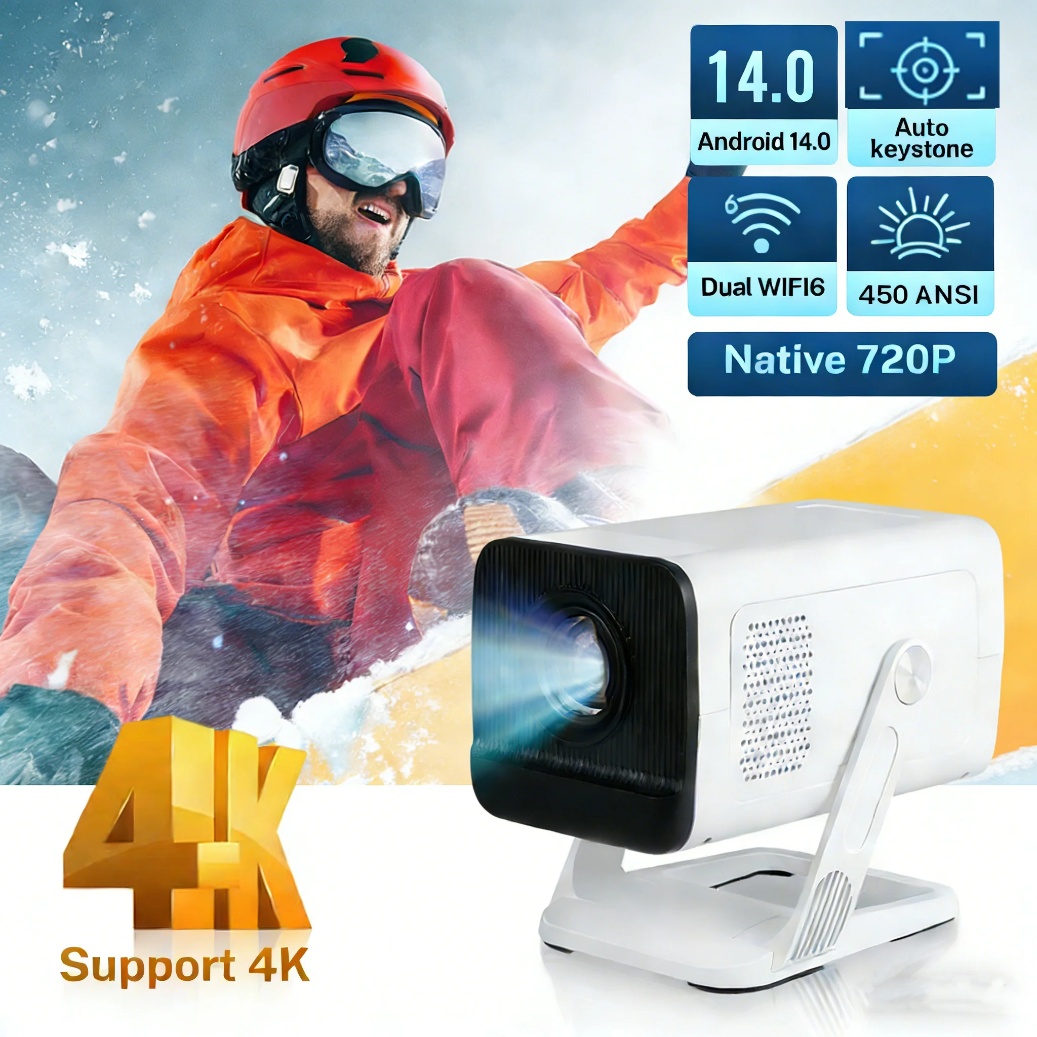 Портативный проектор LynCast 4K с динамиком 5 Вт, 1280x720P, Android 14, 450 ANSI, Wi-Fi 6, BT 5.4, для домашнего кинотеатра и улицы, X1AR
