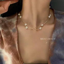 Korean Double-layered Pearl Necklace Personalized Fashionable Women's Clavicle Beaded Necklace Holiday Banquet Girl Jewelr Gift