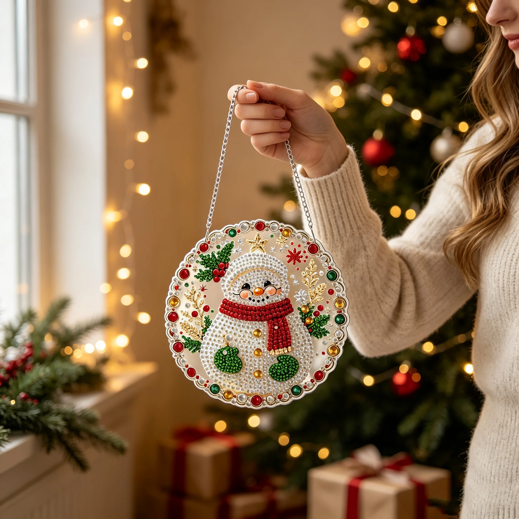 DIY Weihnachts-Perlen-Diamant-Malerei-Anhänger, runde Acrylplatte, 2D flache Perlen-Bastelarbeiten, Feiertags-Fenster- und Wanddekoration – Detail 2