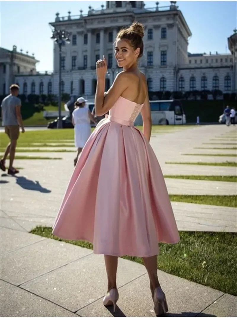 Aangepaste MYYBLE vestido de festa strapless a-lijn liefje boog gordel prachtige prom jurken thee lengte formele avondjurk
